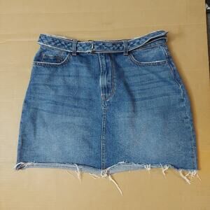 Sneak Peek Belted Raw Hem Denim Skirt M Bohemian Classic Festival Hippie Preppy